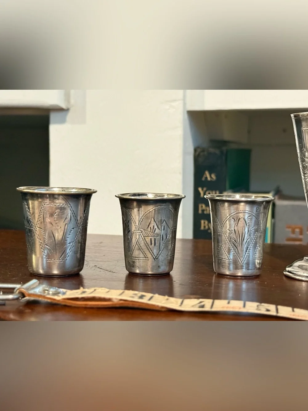 Antique Silver-Plated Engraved Shot Glass and Goblet Set
